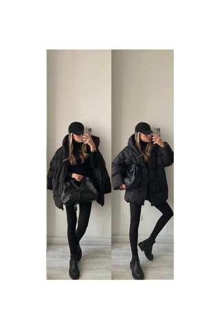 La Querta Puffer Yarasa Şişme Oversize Mont Siyah Siyah