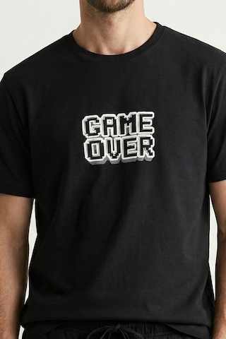 Elemge %100 Pamuk Pijama Üstü T-shirt Süprem Compact Penye Erkek Rahat Kalıp Siyah Kısa Kol Game Over Baskı