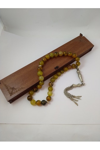 Yeşil Damarlı Akik Taşı Tespih Ahşap Kutulu / 10 MM Doğaltaş Tesp