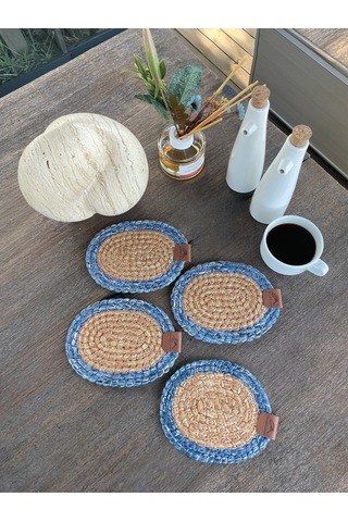 4 Adet Oval Bardak Altlığı- Leke Tutmaz- Naturel-mavi 13x17 Cm Naturel