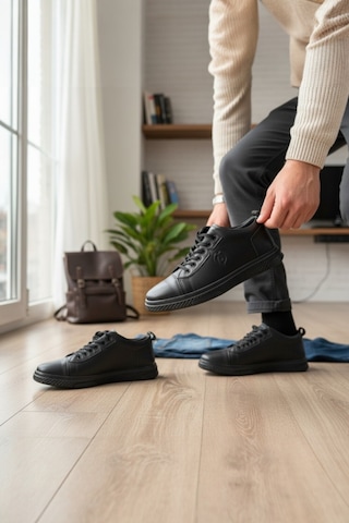 Enoch Hakiki Deri Siyah Yanı Logo Detaylı Siyah Erkek Sneaker Siyah