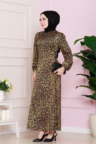 Yanı Bağcıklı Leopar Desenli Tesettür Abiye-hardal-4684