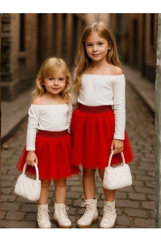 Kız Çocuk Beli Lastikli Tütü Etek-16227 Kırmızı