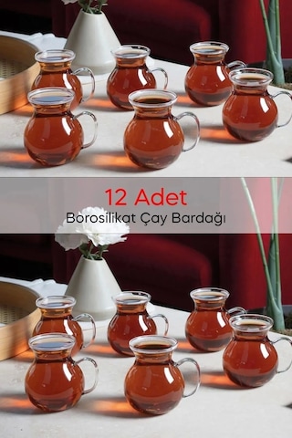 12'li Cam Bardak Saplı Keyfi Ala Borosilikat Cam Bardak Takımı Isıya Dayanıklı Kulplu Çay Fincanı Ba Çok Renkli