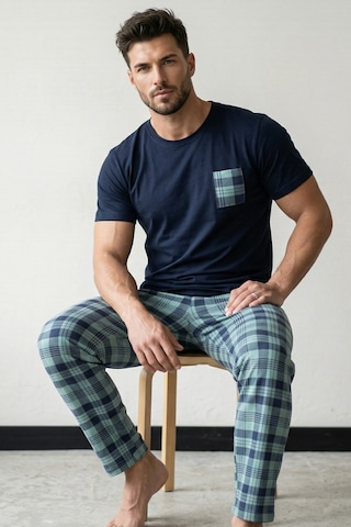 Siyah İnci Cep Nakışlı Örme Kısa Kollu Pijama Takım 8000 Lacivert