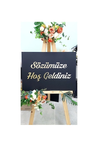 Nişanımıza Hoş Geldiniz Siyah Zemin Gold Pleksi Yazılı Karşılama Panosu Altın - Siyah