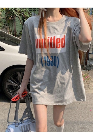 Untitled 1980 T-shirt - Gri Baskılı Oversize Bisiklet Yaka Kısa Kol Gri