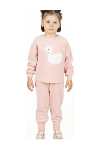 Kız Çocuk Kuğu Desenli Peluş Sweatshirt-13510 Pudra