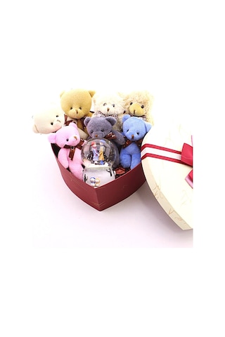 Sevgiliye En Tatlı Hediye Seti Peluş Ayıcık Kalpli Kutuda 7 Mini Peluş Ayıcık Işıklı Kar Küresi Seti