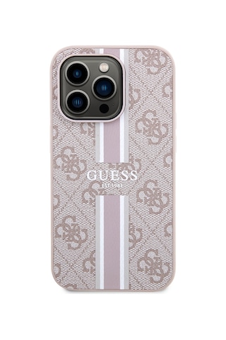 Apple Uyumlu iPhone 14 Pro Max Kılıf Guess Lisanslı Magsafe Şarj Özellikli 4g Şerit Tasarımlı Printed Kapak Pembe