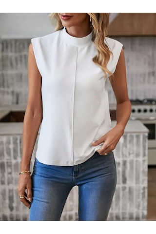 Soonaksesuar Kadın Kısa Reglan Kollu Yarı Balıkçı Yaka Ithal Krep Bluz Beyaz