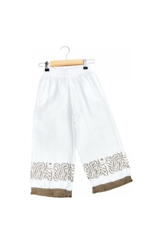 Çikoby Kız Çocuk Baskılı Etnik Desenli Müslin Bol Paça Pantolon-15687 Ekru