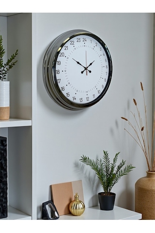 Krom 40 Cm Metal 24 Saat Göstergeli Özel Tasarım Duvar Saati