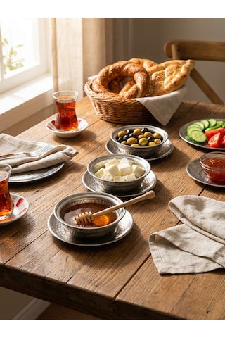 3'lü Otantik Dövme Desenli Çelik Sunum Tabağı Seti El İşçiliği Servis Kaseleri Çelik