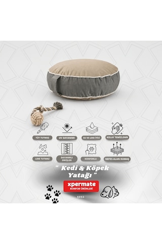 Xpermate Fermuarlı Kedi ve Köpek Minderi Yuvarlak Kedi Minderi Yıkanabilir Kedi Köpek Yatağı Bej - Gri