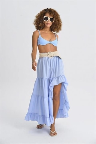 Audrey Fıfrlı Yırtmaç Detay Etek 4037 Mavi