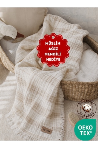 Zeypba Bebek & Çocuk İçin % 100 Pamuk 4 Katlı Müslin Örtü Bej Çizgili 110x110 CM Açık Bej
