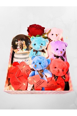 Romantik Hediye Kutusu Işıklı Kalpli Mesajlı Kar Küresi Ve Peluş Ayıcıklarla Dolu Sevgiliye Hediye Renkli