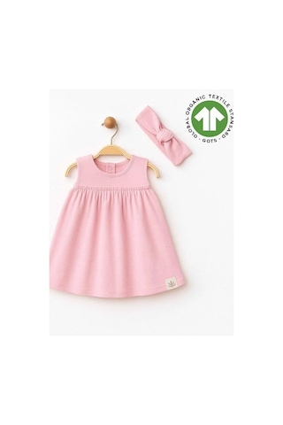 Zekids Kız Bebek Organik Pamuklu Bandanalı Kolsuz Elbise-15906 Pembe