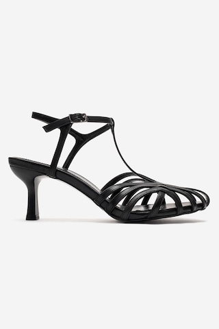 Luvishoes Luvi Shoes Felip Siyah Cilt Bantlı Kadın Kısa Topuklu Ayakkabı Siyah