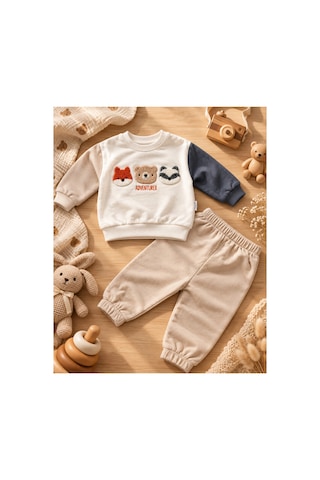 Omeca Concept Hayvan Figürlü Erkek Bebek 2 Li Sweatshirt Eşofman Takımı Bej