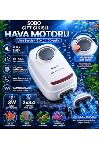 Akvaryum Hava Motoru - Çift Çıkışlı - Ultra Sessiz - Ayarlanabilir Hava Çıkışı - Ar-10 - 3w - 2x3.4lt/dakika