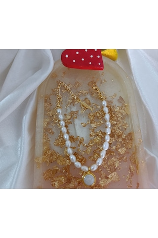 Sedef Dolgulu Altın Kaplama Gerçek İnci Tasarım Kolye El Yapımı Çok Renkli