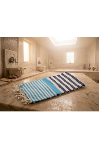 Ludıa Çizgili Desen %100 Pamuk Peştemal Havlu 100x190 Cm Büyük Boy Mavi-beyaz-lacivert