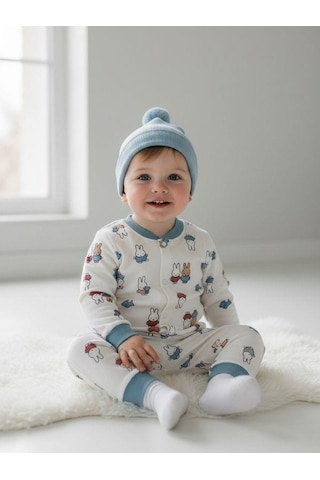 Zekids Erkek Bebek Pamuklu Tavşan Desenli Çıtçıtlı Pijama Takımı-16849 Çok Renkli