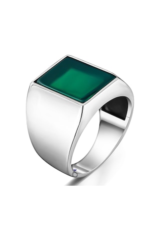 Gümüş Yeşil Akik Taşlı Sade Tasarım Erkek Yüzük