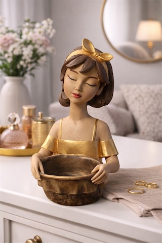 El Yapımı Seramik Kız Figürlü Kase Golden Blush Bow Çok renkli