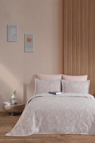 Elart Mokka Keten Görünümlü Çift Kişilik Yatak Örtüsü Pike Seti