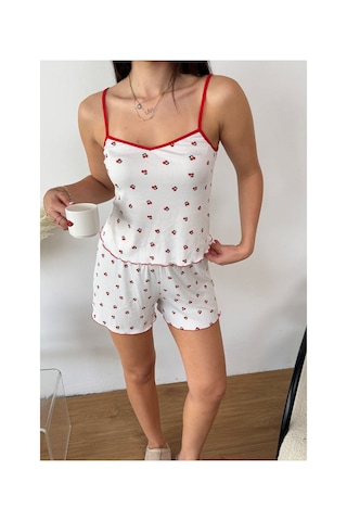 Giysa Kadın Askılı Kiraz Desenli Şortlu Pijama Takımı Beyaz - 3300