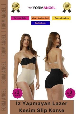 Form Angel Korse İz Göstermeyen Kaymaz Kadın Lazer Kesim Slip Korse 6'lı Set Siyah-ten