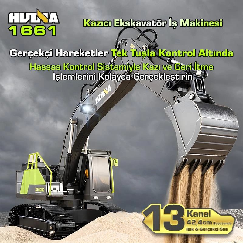 Huına 1661 1/18 13ch Kazıcı Ekskavatör İş Makinesi İnşaat Uzaktan Kumandalı Rc Model Metal Kepçeli - 2.4ghz Gerçekçi Similasyon Ses Ve Işık Sistemi