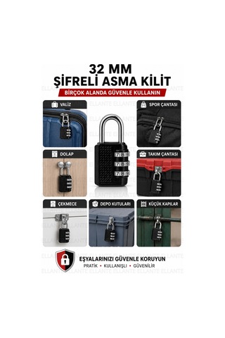 Premium 32 Mm Şifreli Asma Kilit 3 Haneli Kombinasyonlu Anahtarsız Güvenlik Kilidi Valiz Dolap Çanta