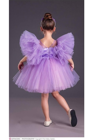 Kız Çocuk Tütü Etekli Kabarık Kollu Komotini Taçlı Abiye Elbise Mor 1662 Mor