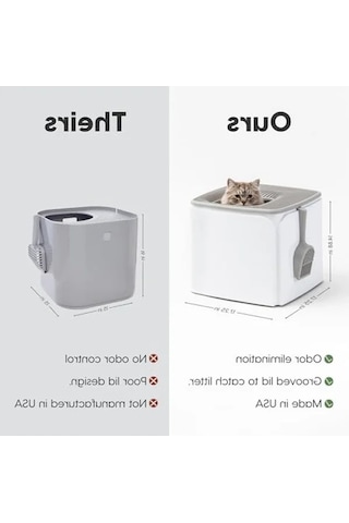 Büyük Boy Üst Girişli Kedi Kumu Kutusu - Beyaz/gri Açık Ahşap