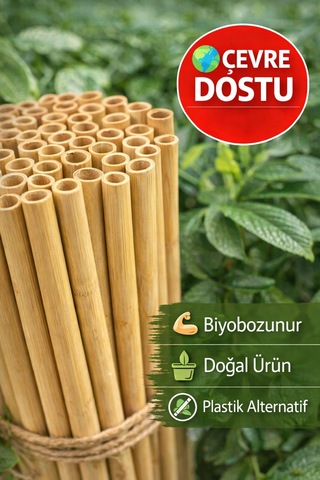 100 Adet Bambu Pipet 9mm X 20cm Kalın Smoothie Pipeti Doğal Çevre Dostu