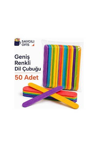 Saygılıofis Renkli 50 Adet Dil Çubuğu Ahşap Büyük Geniş Abeslang Dondurma Dil Basma Çubuk 50'li