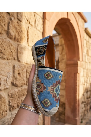 Futsishoes Vıola Mavi Hakiki Deri Kilim Desenli Kadın Etnik Desen Espadril Ayakkabı