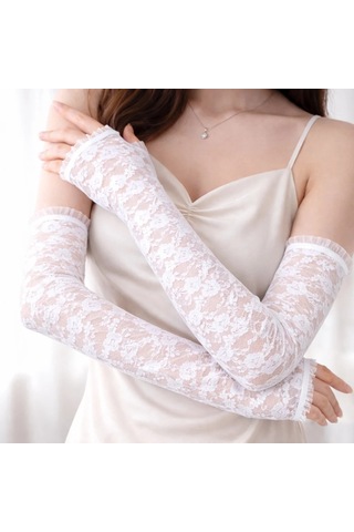 Veraura Lifestyle Uzun Zarif Dantel Eldiven Parmaksız Beyaz 35 Cm Standart