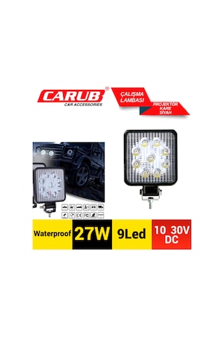 Carub Çalışma Lambası 10-30v 27w Off Road 9 Led Kare Siyah