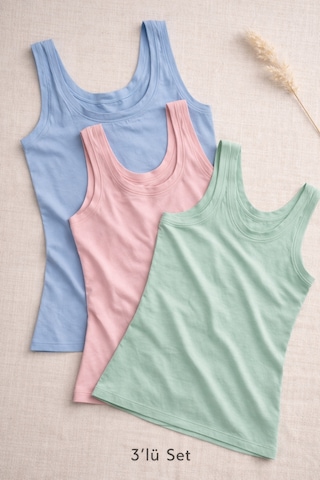 Demirsa Boutique Modal Atlet 3 Lü Set Geniş Askılı Biyeli Yumuşak Esnek Basic Kadın Yeşil-pudra-mavi