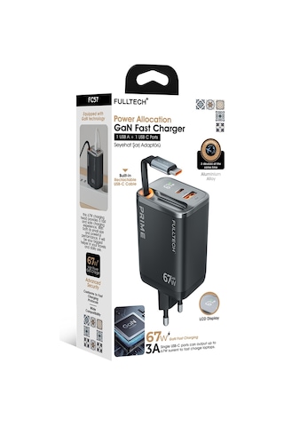 Fulltech Fc57 67w Gan Hızlı Şarj Adaptörü Dahili Geri Çekilebilir Usb-c Kablo, Usb-c + Usb-a, Lcd