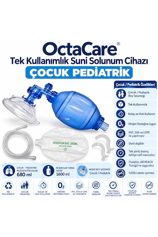 Octacare Çocuk Pediatrik Ambu Seti Tek Kullanımlık Manuel Suni Solunum Cihazı Rezervuar Balonlu, Oksijen Hortumlu Ve Maskeli Resüsitatör Seti 10 Adet
