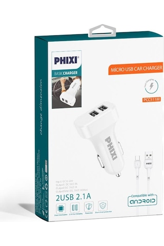 Phixi Pcc511m Basic 2.1a Çift Çıkışlı Micro Usb Kablolu Araç Şarj Cihazı
