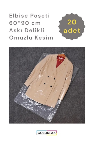 Elbise Poşeti Askı Delikli Omuzlu Kesim Şeffaf Kıyafet Koruma Kılıfı Naylon Hurç 20'li 60 x 90 CM