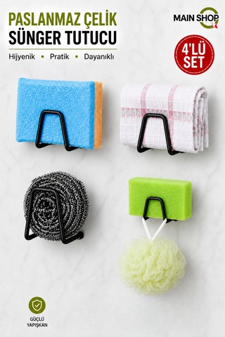 Mainshop 4 Adet Siyah Sünger Askılığı - Paslanmaz Çelik Suya Dayanıklı Delme Gerektirmeyen Tutucu M-sng1