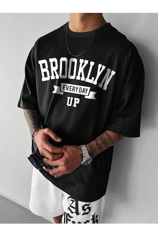 Brooklyn Up T-shirt - Siyah Baskılı Oversize Bisiklet Yaka Kısa Kol Tişört Siyah